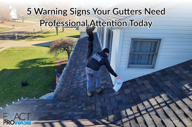 Exact ProWash professionals inspecting Ohio gutters for warning signs including overflow, clogged downspouts, sagging gutters, and standing water